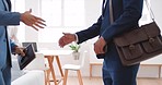 Office, business people and hand shake for partnership, b2b agreement or onboarding. Thank you, welcome and coworkers or men shaking hands for deal, collaboration and greeting in company workplace.