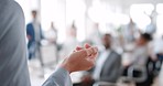 Conference, hands or speaker coaching business people in a presentation or seminar for corporate advice at workshop. Communication, trade show or woman in leadership talking or speaking to audience