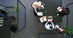Business people, team and meeting, working and productivity in collaboration top view, employees work on project with coworking and planning. Teamwork, technology and conference room table overhead

