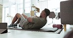 Tablet, man and crunches workout in lounge, training and fitness for wellness, relax and health. African American male, trainer and online class for exercise, device for routine and crunches in home.