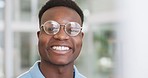 Happy, face and business black man glasses with corporate vision, company success and smile with teeth for career goals. Workplace, portrait and african professional employee, worker or entrepreneur