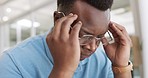 Headache, burnout and stress for face of black man with anxiety problem from corporate job, career crisis or business bankruptcy. Emergency, mental health or office businessman with bad migraine pain