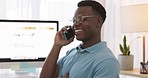 Happy, black man or  phone call with smile for networking success, communication or consulting in house. Remote work, marketing or businessman with smartphone for contact us, planning or talking 