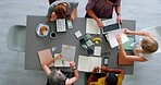 Business meeting, team and digital marketing collaboration top view, planning stratergy and working together with snacks at desk. Teamwork, brainstorming and group of business people consulting