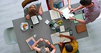 Startup, business people and meeting for digital marketing, website copywriting and brainstorming ideas at office workspace from above. Manager, technology and team collaboration on a design proposal