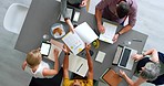 Collaboration, research and strategy team top view with marketing notes, proposal and tech. Goal, communication and digital marketing people working on idea together in professional office.