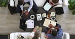 Top view, business people and timelapse of meeting, teamwork or collaboration with paper research, documents or technology. Men, women and diversity designer with tablet charts or marketing analytics