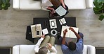 team, top view and business people in meeting timelapse with coffee in morning for teamwork, planning strategy and digital marketing. Busy, tech collaboration and design team working on tablet online