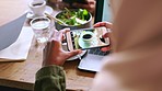 Business, woman and influencer coffee photo while remote working in a coffee shop. Cafe, espresso and businesswoman taking phone picture of her drink while freelance working on social media 