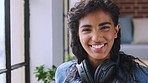 Woman, startup office and headphones for music inspiration, focus and smile for digital marketing. Happy content creator, vision and happiness on break in workplace for inspiration, goal or thinking