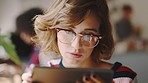 Face, business woman and tablet for online reading, social media or marketing strategy. Closeup, female entrepreneur or device for research, startup company or planning with focus or digital analysis