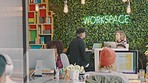 Employee, coworking workspace and startup, working business people work together at marketing agency with web design, seo and digital marketing. Diversity, company and employees, workplace and tech.