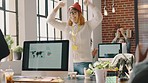 Goals, applause or woman employee with success after sales target achievement in celebration at office desk. Winner, congratulations or excited worker celebrates winning with employees with hands up