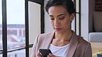 Business woman, phone and thinking at office window with communication, idea and vision it hope for future while online with wifi network connection. Face of entrepreneur in US using mobile app