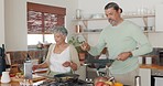 Cooking, help and food with old couple in kitchen for relax, bonding and breakfast in the morning. Happy, health and diet with man and woman at home for nutrition, wellness and retirement together 