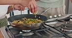 Couple, hands or omelette cooking in kitchen of house for healthy food, home breakfast nutrition or vitamin diet. Zoom, black woman and man frying eggs meal with leaf vegetables or green ingredients