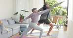 Yoga, senior couple and meditation in living room for stretching, wellness and bonding together. Health, Latino man and woman in lounge for fitness, workout and exercise for peace, zen and training.