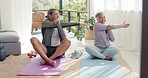 Senior couple, yoga and home workout while stretching arms for fitness and healthy lifestyle in retirement together. Old man and woman stretch for pilates, health and wellness on house floor