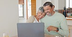 Retirement, celebration and senior couple with laptop smile for approval of pension, payment and mortgage. Love, family and elderly man and woman with good news, winning and loan review for insurance