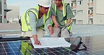 Architecture, solar panels or engineering team with blueprint of rooftop planning grid installation construction. Women, solar energy or workers with checklist or paperwork working on building safety
