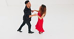 Salsa, dance and couple training in studio for contest, competition or exercise. Ballroom, teamwork and creative man and happy woman practicing dancing routine, samba or tango with energy together.