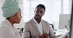 Documents, lawyer and businessman with black woman for contract review, portfolio communication or office management planning. African, paper and manager or advisory talk to employee for legal advice