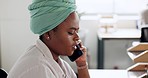 Administration, writing or black woman on a phone call for delivery job from supply for a business or company. Schedule, receptionist or secretary talking or speaking of booking an office appointment