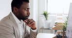 Writing, computer and thinking with a business black man at work in his office by a desk for growth or development. Email, idea and reading with a male employee working on a company mission or vision