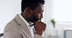 Black man, thinking and working on company report, concentration and focus with serious businessman, reading research for project. Business, analysis and professional job, employee with pen in hand.