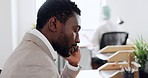 Phone call, black man and conversation in office, business or communication. Young entrepreneur, African American male and smartphone for talking, conversation or working for startup company or relax