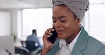 Black woman, phone call and talking, communication and networking, conversation with client or schedule, receptionist or consultant. Secretary, consulting and technology, call and talk with 5g