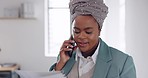 African woman, phone call and office with report, documents and reading for finance, budget or planning. Black woman, business phone conversation and paper with financial data, analytics or results