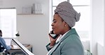 Phone, documents and communication with a business black woman talking while working in the office. Paper, mobile and consulting with a female employee networking in discussion of an idea at work
