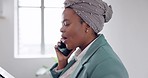 Black woman, phone call or connect for communication, talking or office. African American lady, female entrepreneur or business owner with smartphone for conversation, speaking or chatting with paper