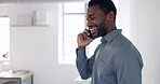 Black man, phone call and communication with smartphone, smile and talking in office. African American male, business owner and entrepreneur with cellphone, talking and conversation in workplace.