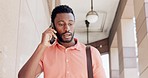 Phone call, communication and black man in city, talking or speaking. Travel, mobile and male from Nigeria with bag on 5g smartphone having conversation with contact, networking or discussion in town