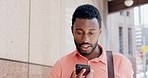 Phone call, travel or black man in Barcelona city, street or road in communication, networking or talking outdoor. Conversation or businessman with smartphone for conversation, speaking or 5g network