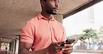 Thinking, idea and black man with phone in city typing, networking and browse internet, online and social media. Communication, technology and young entrepreneur with smartphone in urban town street