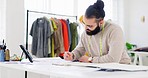 Fashion, tablet or designer man writing for research, online marketing or search for design in studio. Small business, startup or businessman working with technology for strategy, tailor or planning
