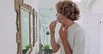 Man, face or shaving in bathroom mirror for morning grooming routine, healthcare wellness or hygiene maintenance. Shaver, cream or foam for person in hair removal cleaning or facial skincare product