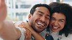 Happy couple hug in selfie and relax together, happy and love at home with bonding and care in relationship. Portrait of woman and black man with smile in picture and quality time for social media