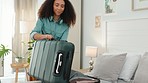 Travel, vacation and black woman packing suitcase in bedroom for adventure destination. Woman in hotel, international journey and clothes in bag before airport trip and freedom to explore the world.