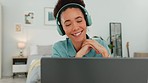 Black woman, smile and laptop on video call, communication and entrepreneur on web in house. Woman, video conference and networking for small business, talking or webinar in bedroom with headphones