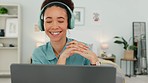 Video call, laptop and wave, black woman with headphones and smile talking online in office. Technology, communication and connection for webinar, advice and networking for freelance advisory job.