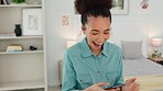 Happy, phone or excited black woman winner with a bonus, winning or notification for competition results at home. Laptop, wow or surprised girl smiles with success, lottery victory or internet prize