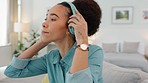 Music headphones, sofa dance and black woman listening to podcast theme song, radio sound or wellness audio in home living room. Dancing, phone bluetooth tech and African gen z girl streaming media