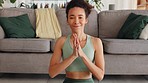 Gratitude, meditation and face of a woman with peace, mind freedom and happy with spiritual journey on floor. Yoga, zen and portrait of a girl with prayer hands during calm exercise in the lounge