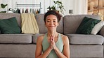 Face, yoga and prayer hands with woman in home stretching for health and wellness. Zen chakra, meditation and portrait of happy female from Brazil in living room training for mindfulness and peace.