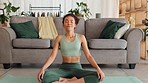 Yoga, zen and woman on living room floor to relax, breath and meditate at home. Health, fitness and spiritual wellness, black woman with focus working on body and mind with meditation in apartment.