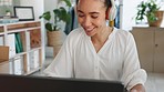 Business woman, headphones and laptop for a webinar, call or video conference for creative startup education and online learning at desk. Happy entrepreneur with technology while working at office